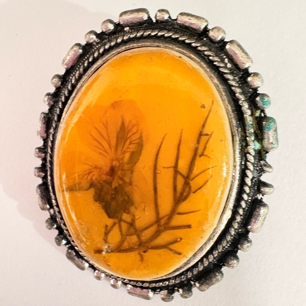 Vintage restored brooch with real dried flower incased in amber tone Brooch